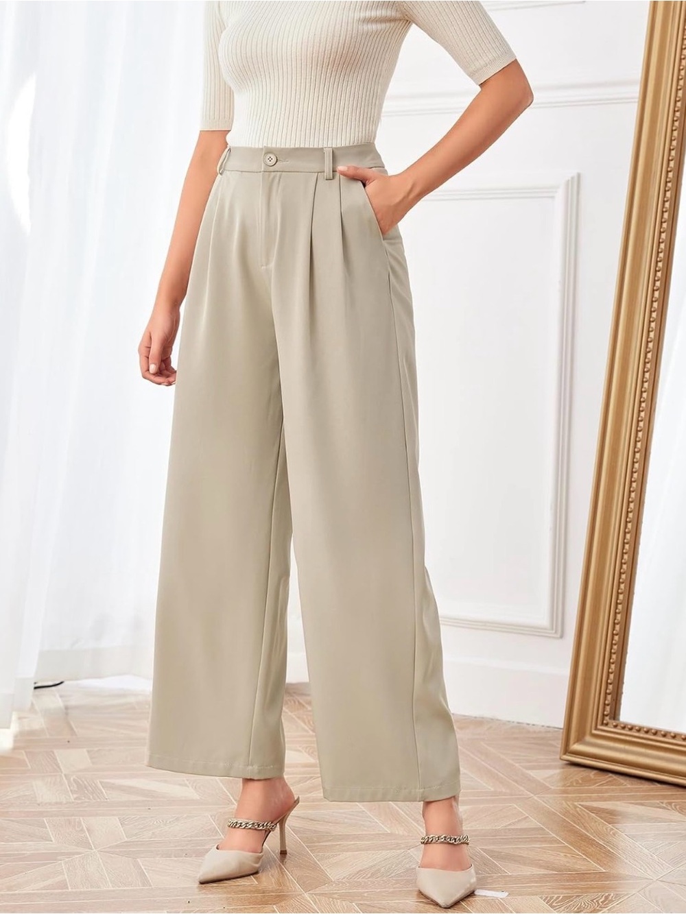 High-Rise Wide-Leg Trousers in Light Taupe